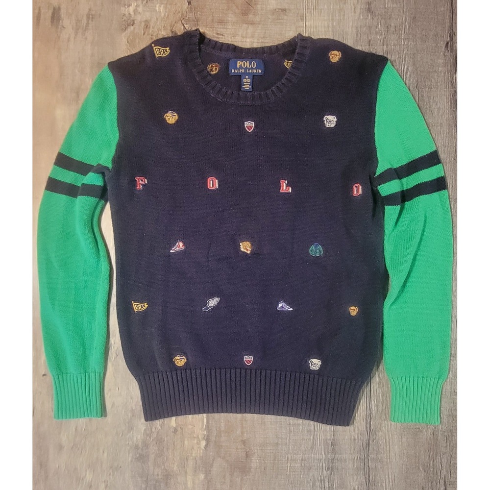 Polo Ralph Lauren Boys Navy Green Multi Logo Embroidered Cotton Sweater M 10-12